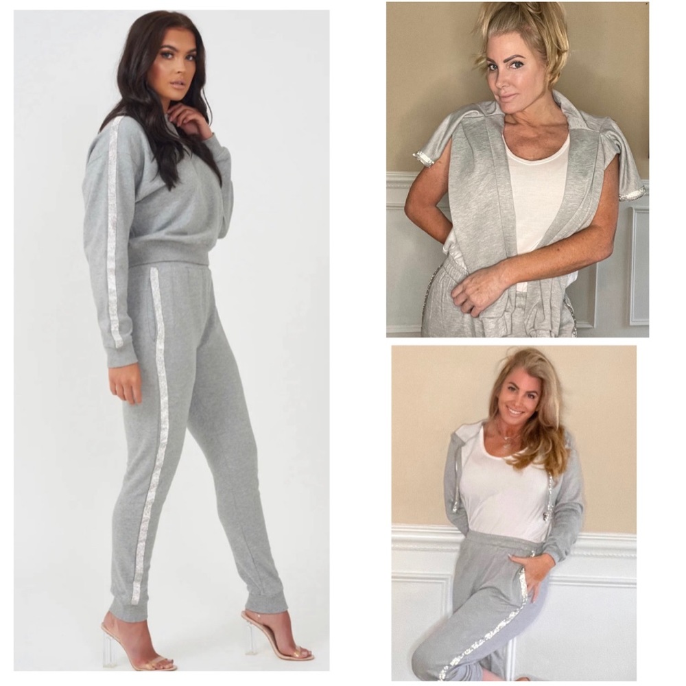 Grey & silver fancy sweatpants & jacket you can dress up or down.
